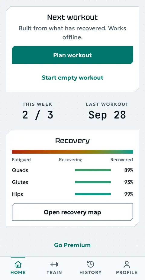 The Home screen: next workout built from what has recovered, this week 2 of 3 workouts, and recovery of quads, glutes and hips.
