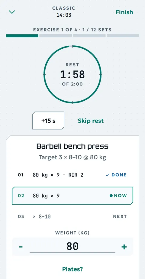 The rest timer: 1:58 of 2:00 left, with +15 s and Skip rest.